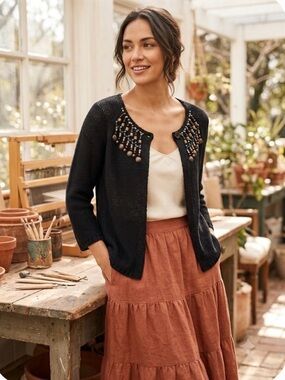 WD•NY Embellished One Button Open Knit Cardigan Sweater